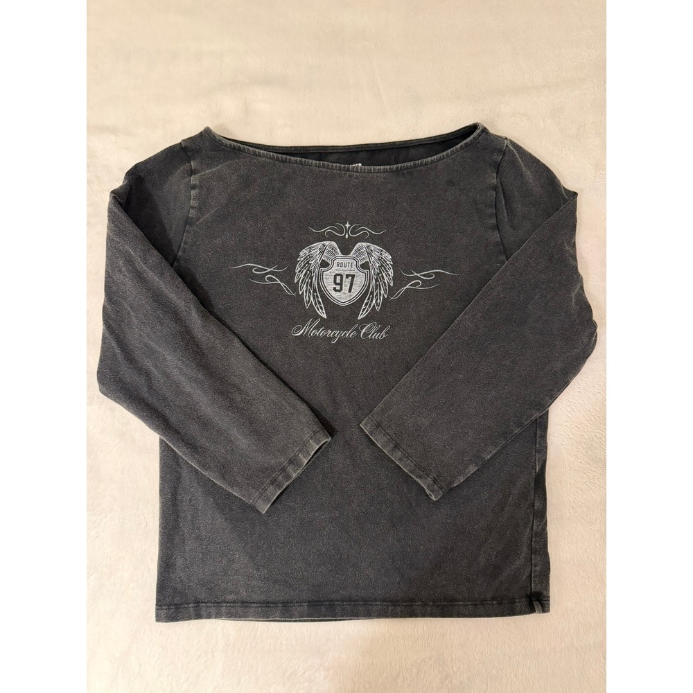 Hollister Route 97 Motorcycle Club Graphic Top Washed Black Boat Neck Large